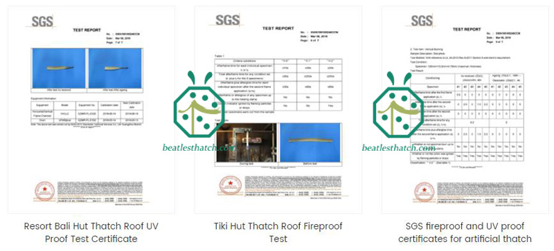 Our fire retardant test report by SGS for artificial thatch roofing