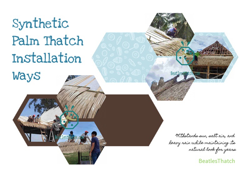 Installation of synthetic palm thatch roof on wooden lodge cabin buildings Installation of synthetic palm thatch roof on wooden lodge cabin buildings